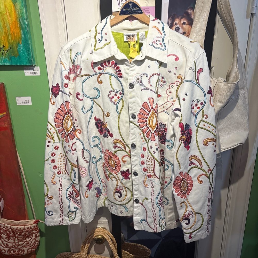 Chico's White Embroidered Floral Jean Jacket